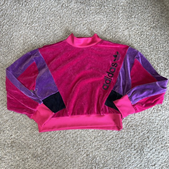 adidas Tops - Adidas Women's Colorblock Velour Pullover Sweatshirt Cropped Sz M